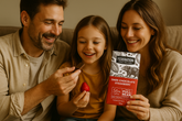 Family of three with a Strawberry Dark chocolate bar packaging on a couch